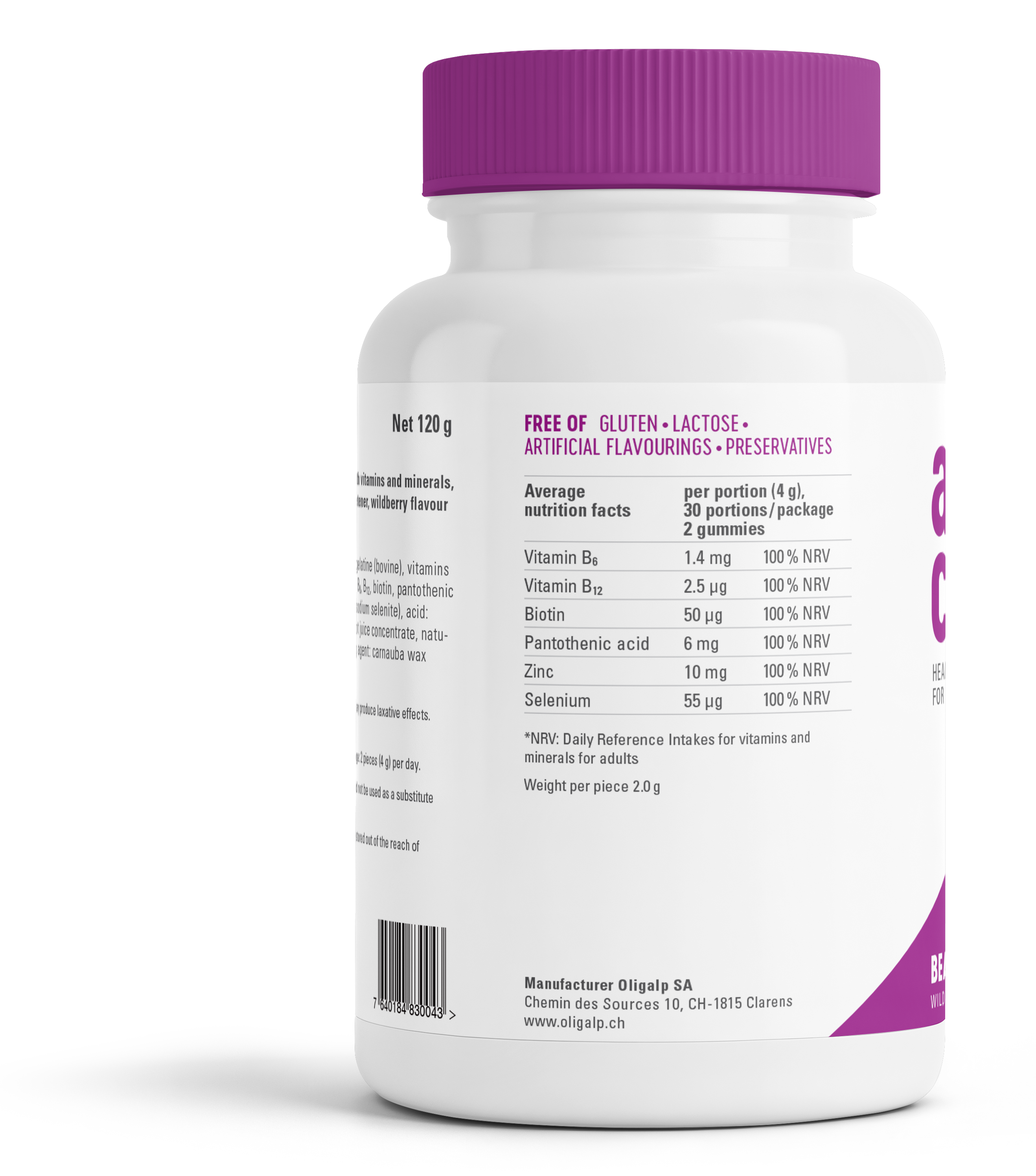 Oligalp Adults Care Beauty — back of bottle, nutrition facts